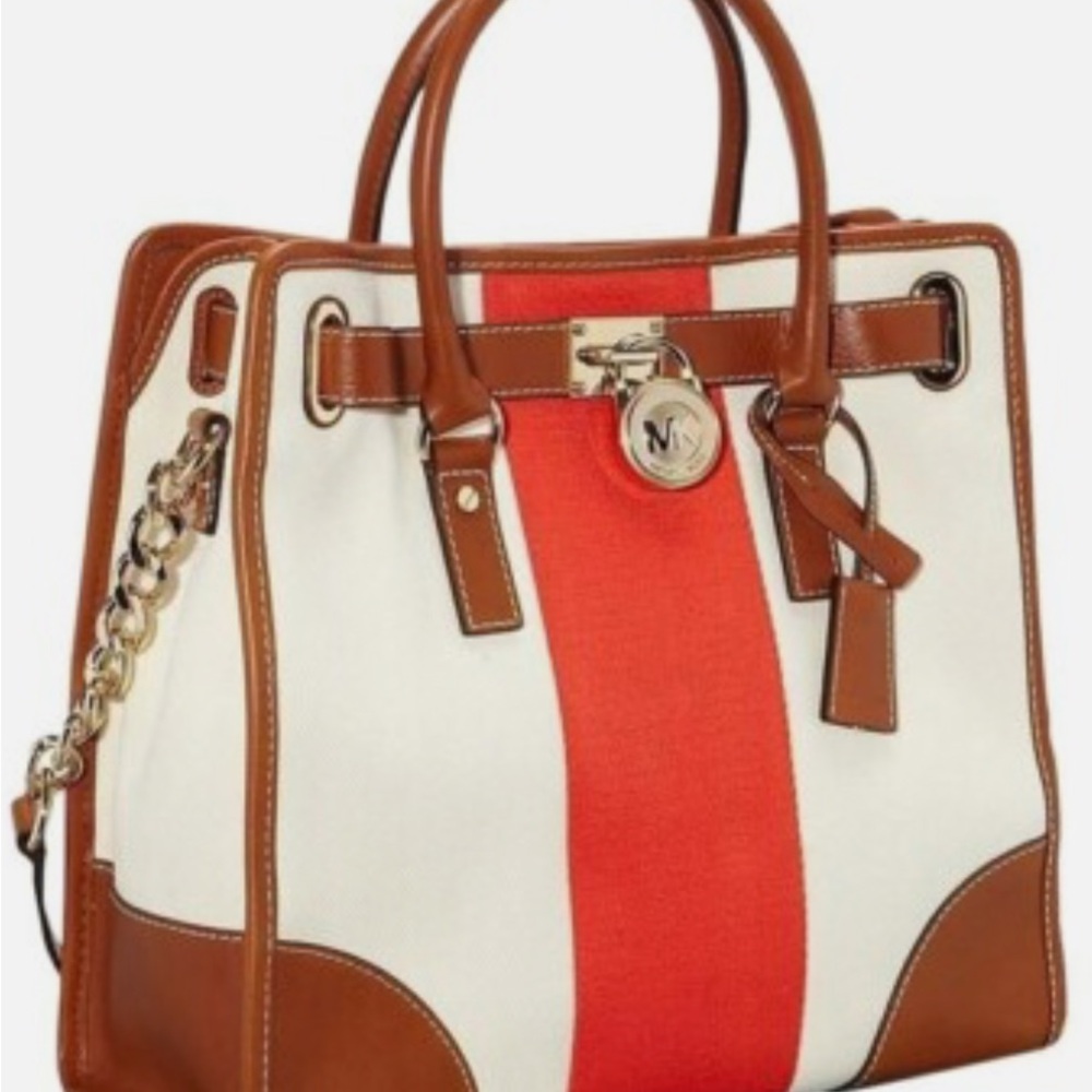 Michael Kors Large Hamilton Crème and Coral Satchel